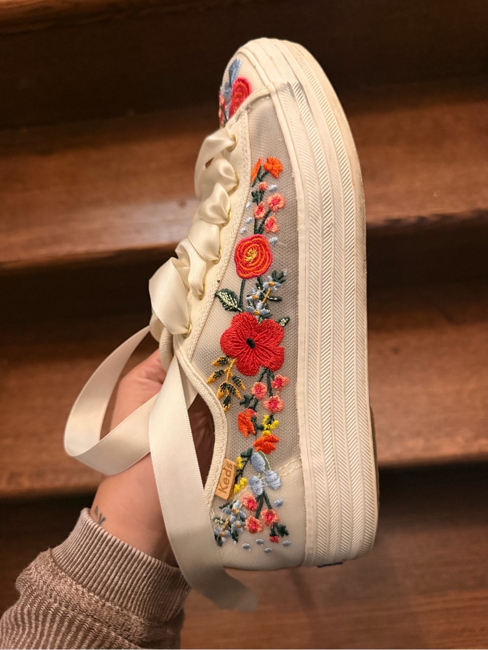 Keds Cream Floral Embroidered Satin Ribbon Sneakers - Picture 2 of 5